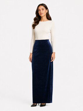 JOSEPH RIBKOFF VINTAGE NAVY METALLIC HIGH RISE VELVET MAXI SKIRT - 4